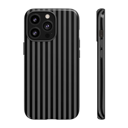 Elegant striped black iPhone case with glossy finish, shock-absorbent, MagSafe-compatible, luxurious yet protective design.