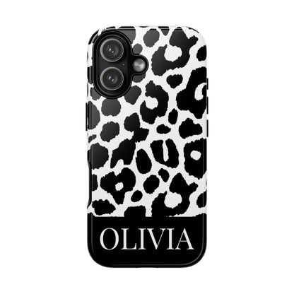 Custom Name Leopard Print iPhone Case - Black and White