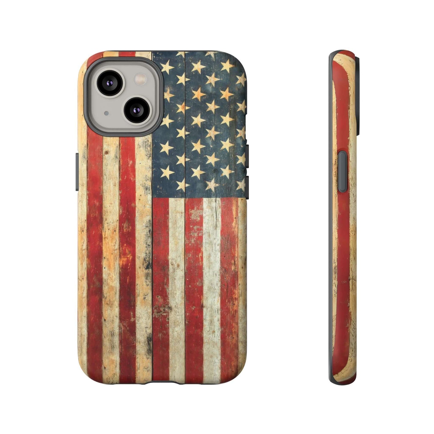 Vintage American Flag iPhone case with rustic USA flag design, featuring a distressed matte finish and durable protection