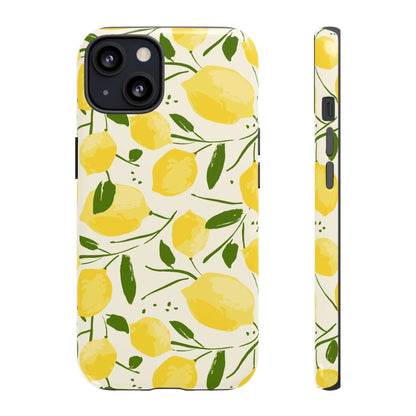 Watercolor Lemon iPhone Case with hand-drawn lemons and leafy branches, dual-layer shell, soft-touch matte finish, summer phone cover.