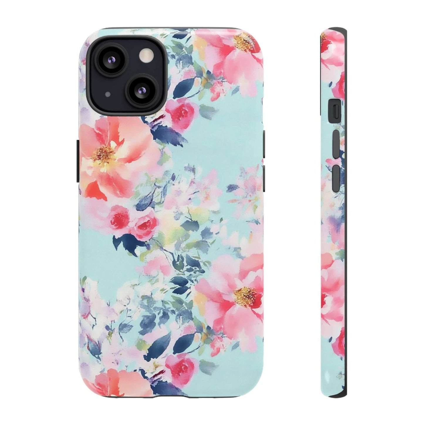 Watercolor Floral iPhone Case in pastel mint with soft peonies and blooms; fits securely, vibrant colors, perfect gift accessory.