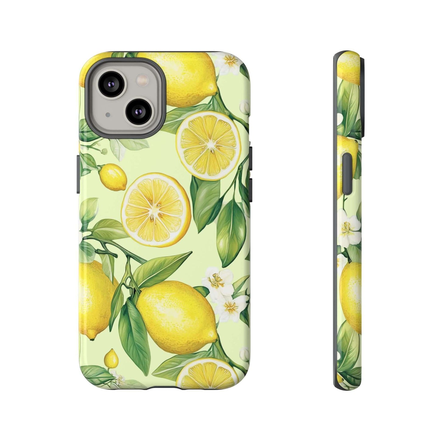 Lemon Blossom iPhone Case with watercolor lemons and flowers on pastel green background, summer botanical style