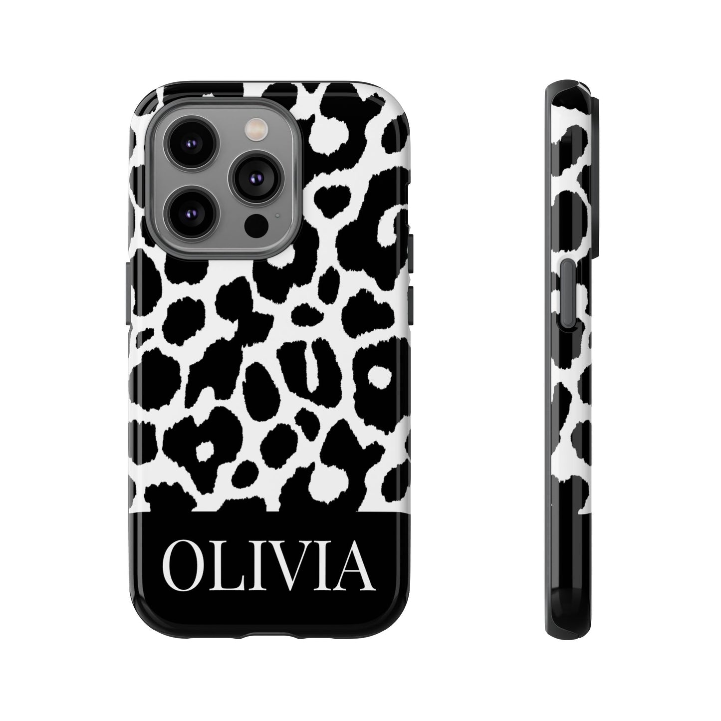 Custom Name Leopard Print iPhone Case - Black and White