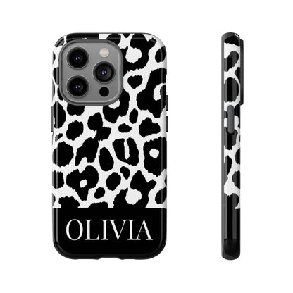 Custom Name Leopard Print iPhone Case - Black and White