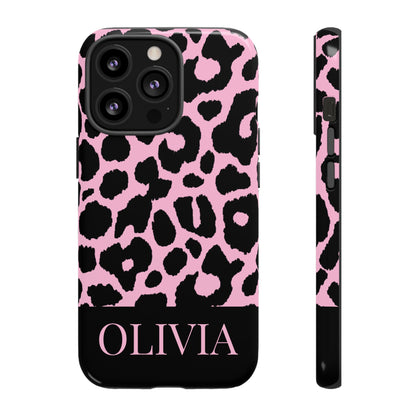 Chic Pink Black Leopard Print iPhone Case - Custom Name Cover