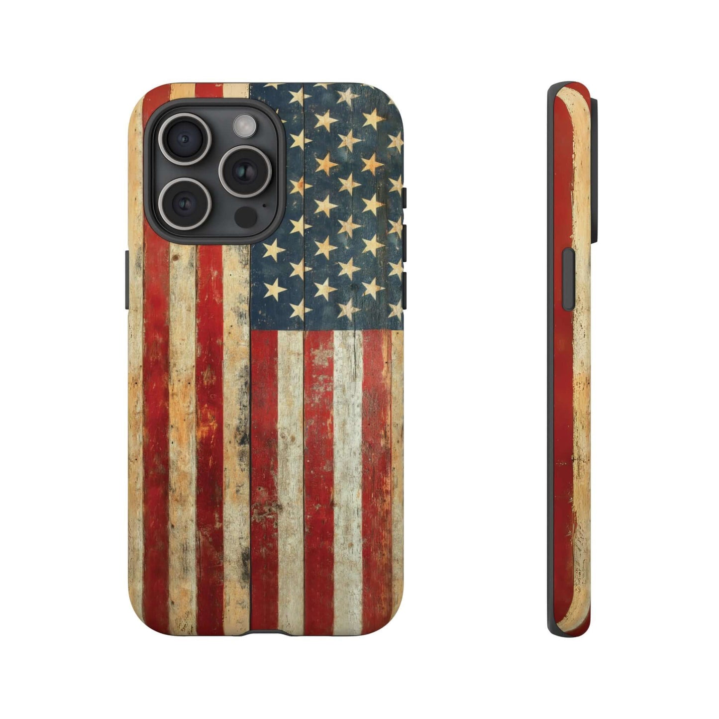 Vintage American Flag iPhone Case with rustic design, featuring distressed matte USA flag print, full back and side view; protective and anti-slip.