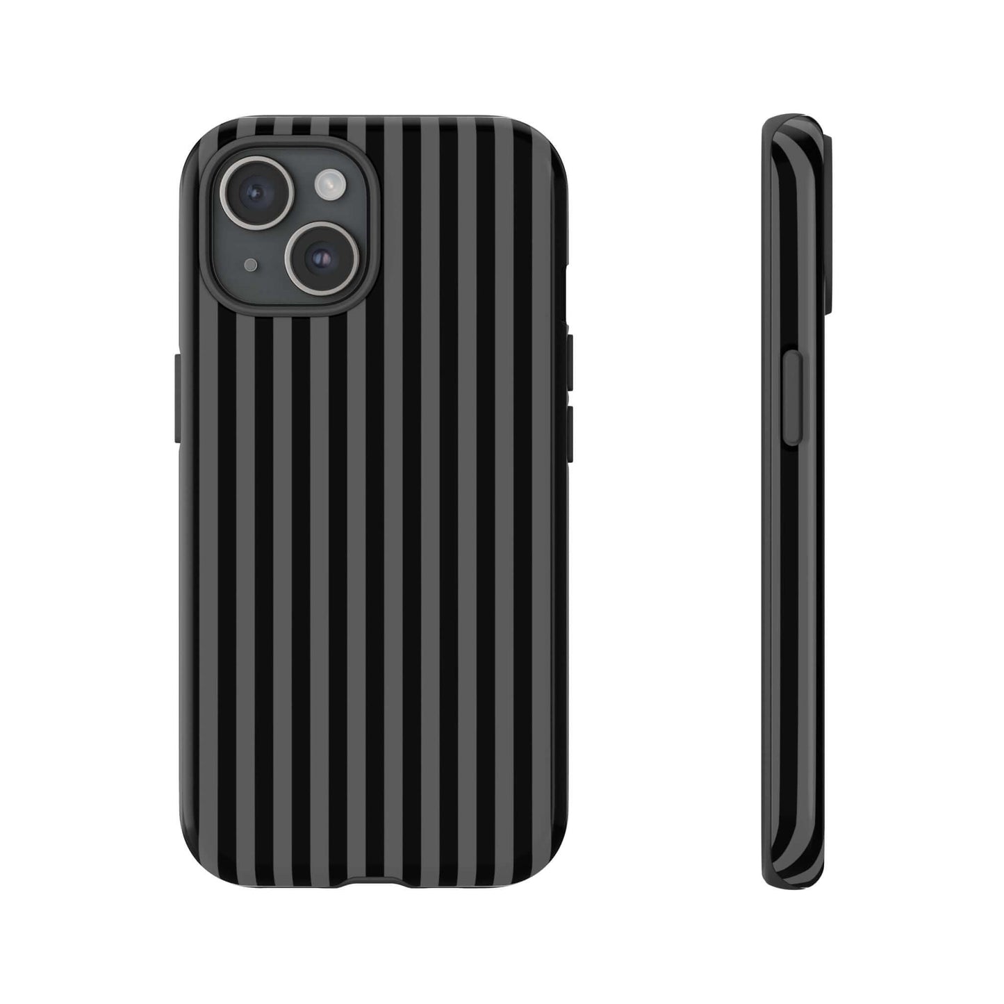 Elegant striped black iPhone case with glossy finish, premium shock-absorbent design, and MagSafe compatibility for stylish protection.