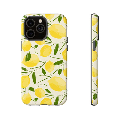 Alt Tag: Watercolor Lemon iPhone Case with hand-drawn yellow lemons and green leaves, showcasing a botanical summer design on a dual-layer case.