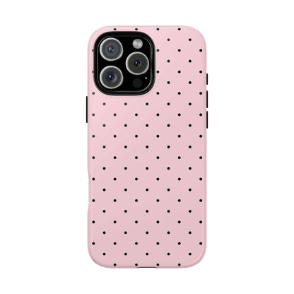 Millennial pink iPhone case with black polka dots, slim design, modern protection