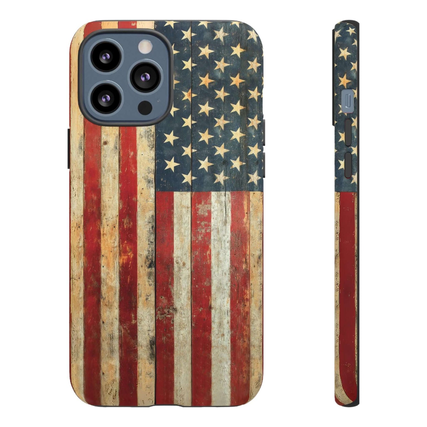 Vintage American Flag iPhone Case with distressed rustic USA flag design and matte finish for iPhone protection.