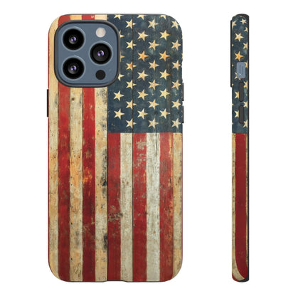 Vintage American Flag iPhone Case with distressed rustic USA flag design and matte finish for iPhone protection.