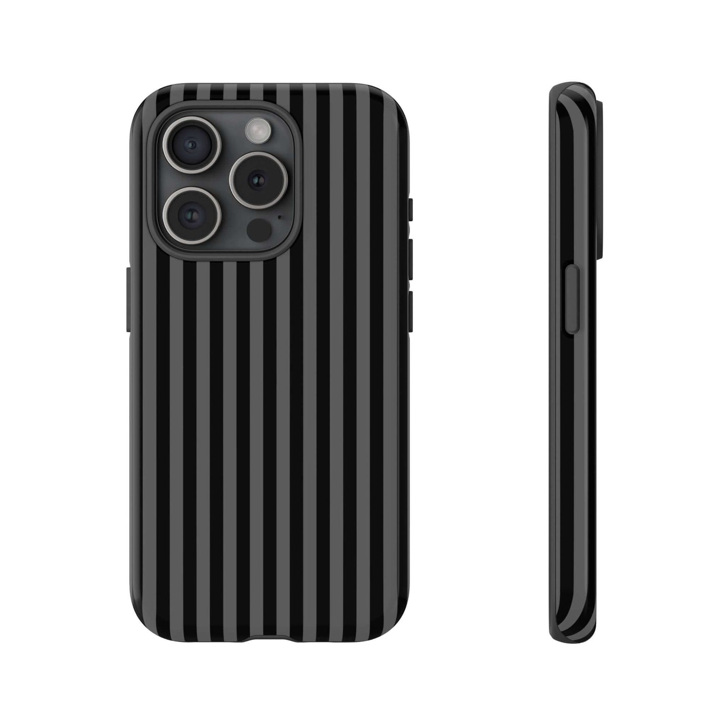 Obsidian Elegance striped black iPhone case, premium shock-absorbent material, sleek glossy finish, luxury protection, MagSafe-compatible.