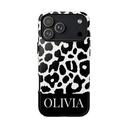 Custom Name Leopard Print iPhone Case - Black and White