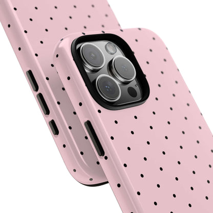 Cute Millennial Pink Polka Dot iPhone Case with slim design, offering stylish protection for women, shown from back and side angles.