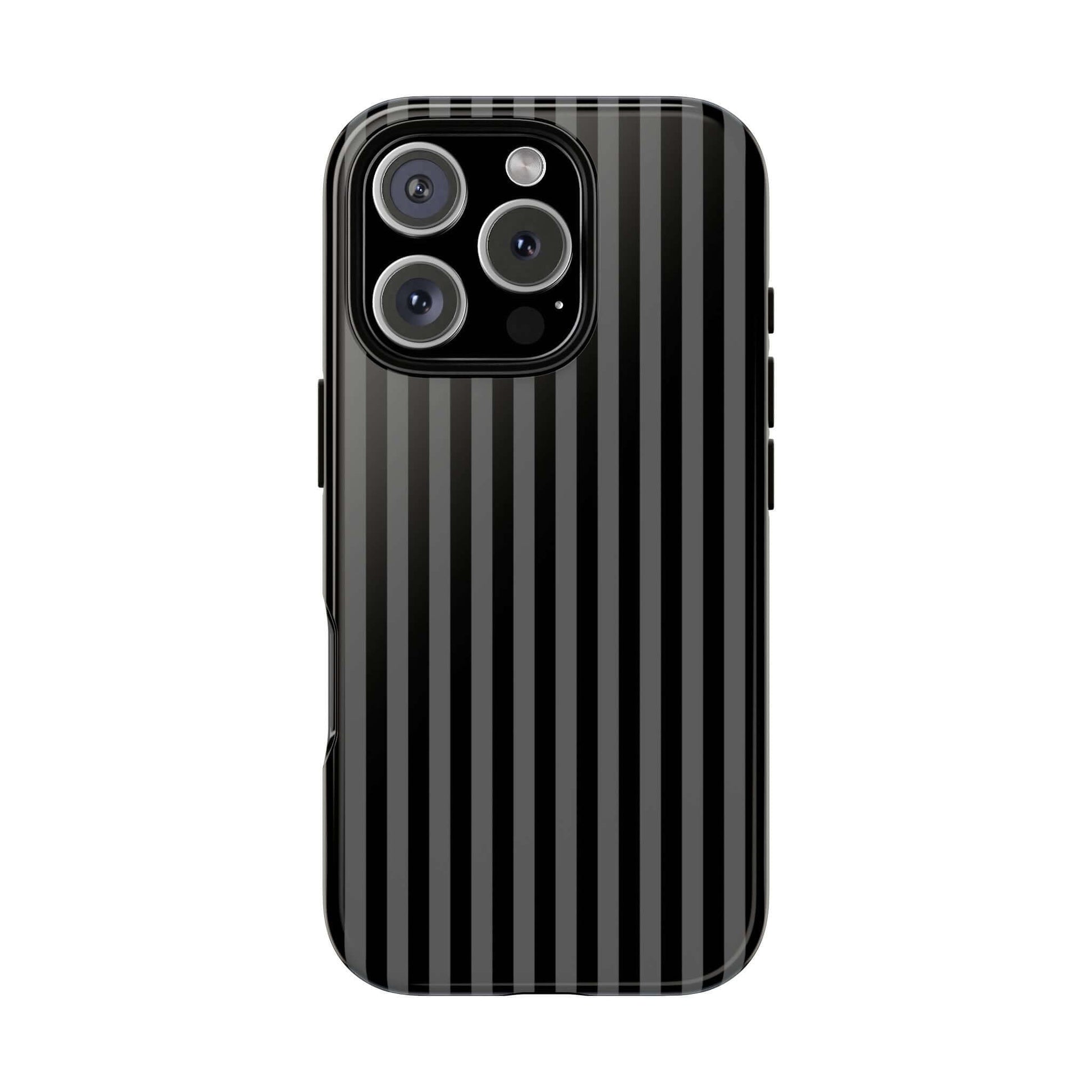Obsidian Elegance striped black iPhone case with glossy finish and sleek design, shock-absorbent, lightweight, MagSafe-compatible.