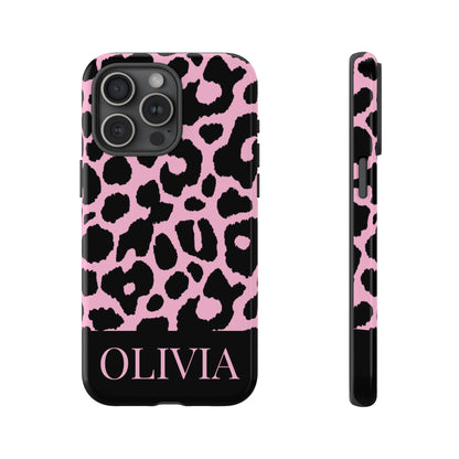 Chic Pink Black Leopard Print iPhone Case - Custom Name Cover