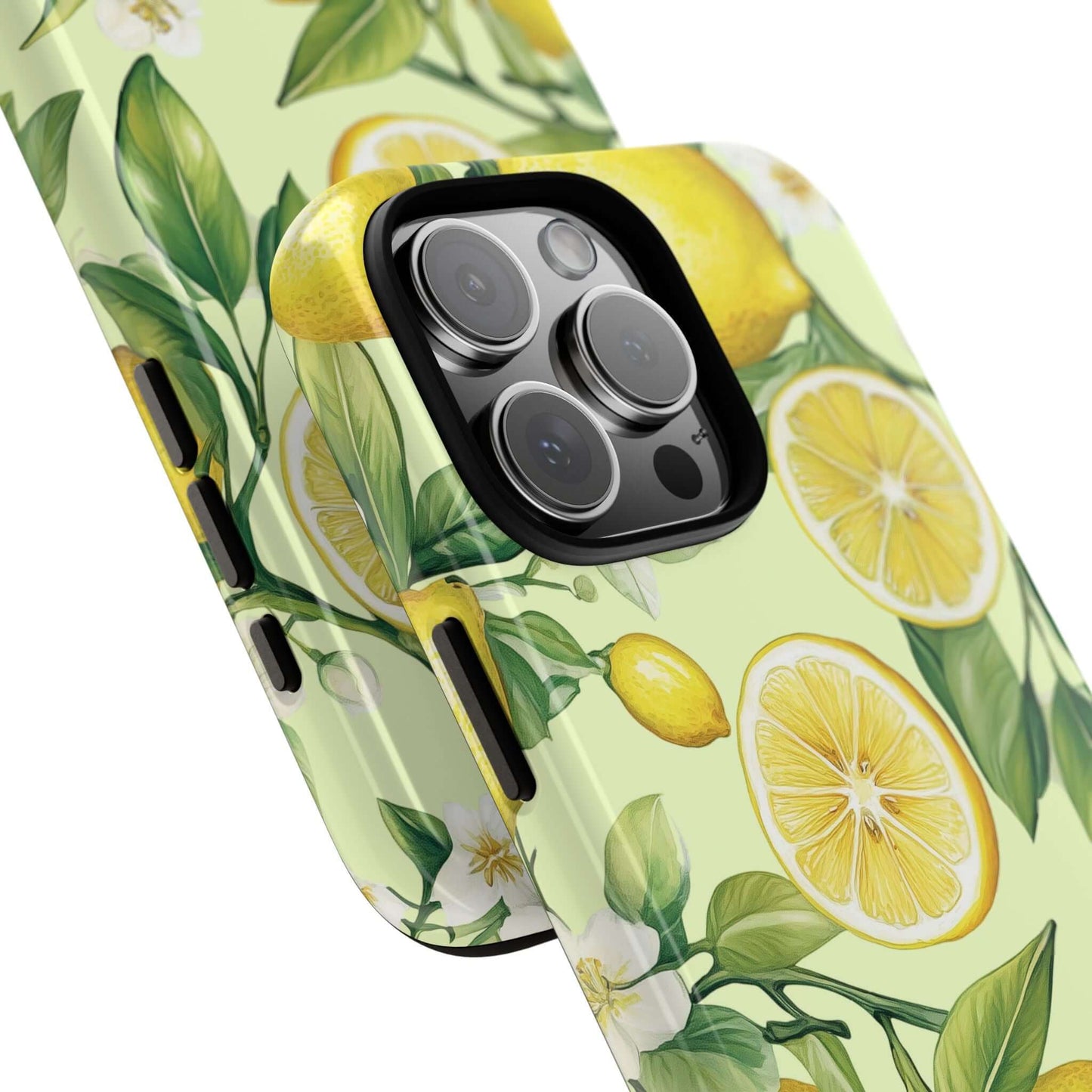 Lemon Blossom iPhone Case featuring watercolor lemons and blossoms on a pastel background, offering stylish protection.