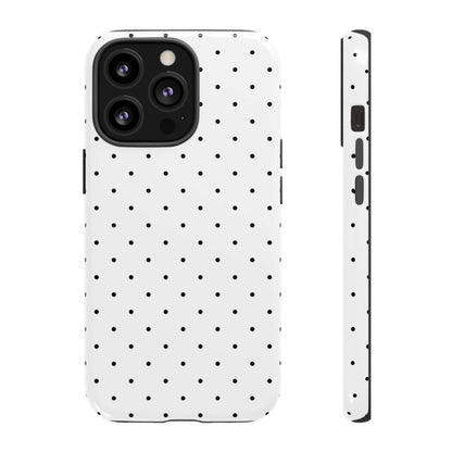 Black and white polka dot iPhone case showcasing minimalist design, stylish and durable, perfect accessory for chic phone protection.