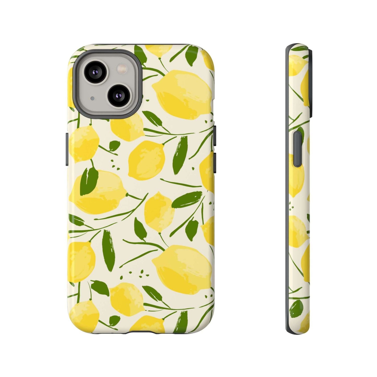 Watercolor Lemon iPhone Case with hand-drawn lemons and leafy branches, dual-layer protective cover in soft-touch matte finish.
