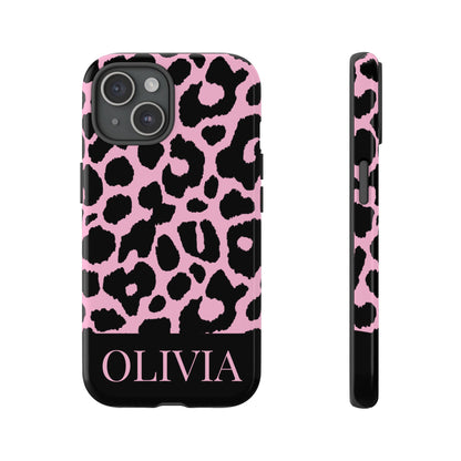 Chic Pink Black Leopard Print iPhone Case - Custom Name Cover