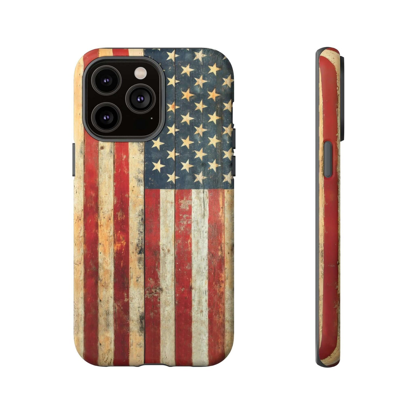 Vintage American flag iPhone case with rustic distressed USA flag print, anti-fingerprint matte texture, and rugged protective design.