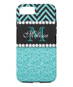 AQUA GLITTER BLACK CHEVRON MONOGRAM iPhone 7 CASE