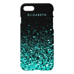 Aqua Teal Blue Green Glitter Elegant Black iPhone 7 Case