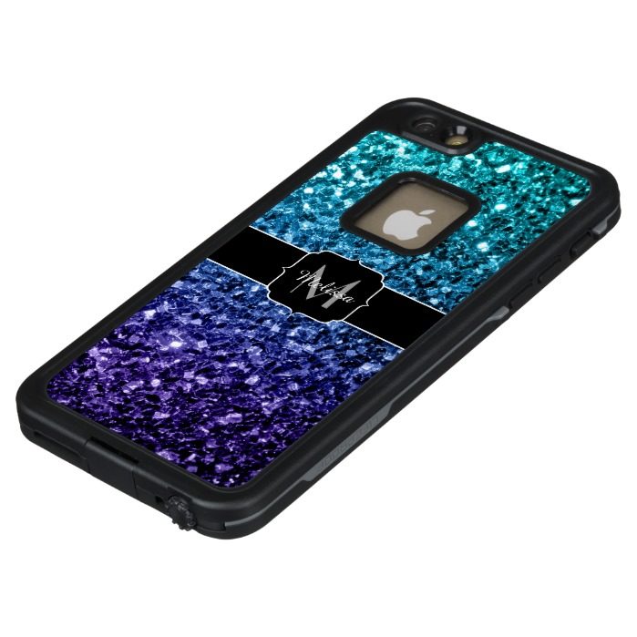 Aqua blue Ombre glitter sparkles Monogram LifeProof? FR?? iPhone 6/6s Plus Case