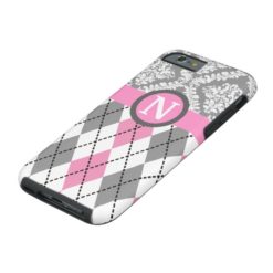 Argyle and damask pattern pink grey monogram tough iPhone 6 case
