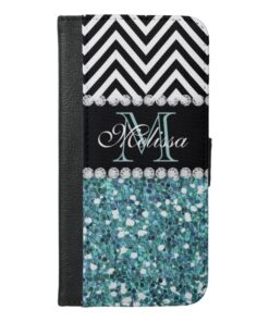 BLUE GLITTER BLACK CHEVRON MONOGRAMMED iPhone 6/6S PLUS WALLET CASE