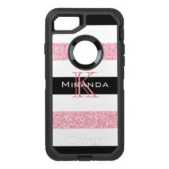 B&W & Pink Glitter Horizontal Stripes OtterBox Defender iPhone 7 Case
