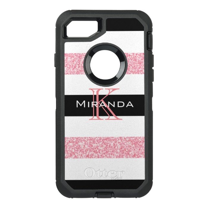 B&W & Pink Glitter Horizontal Stripes OtterBox Defender iPhone 7 Case