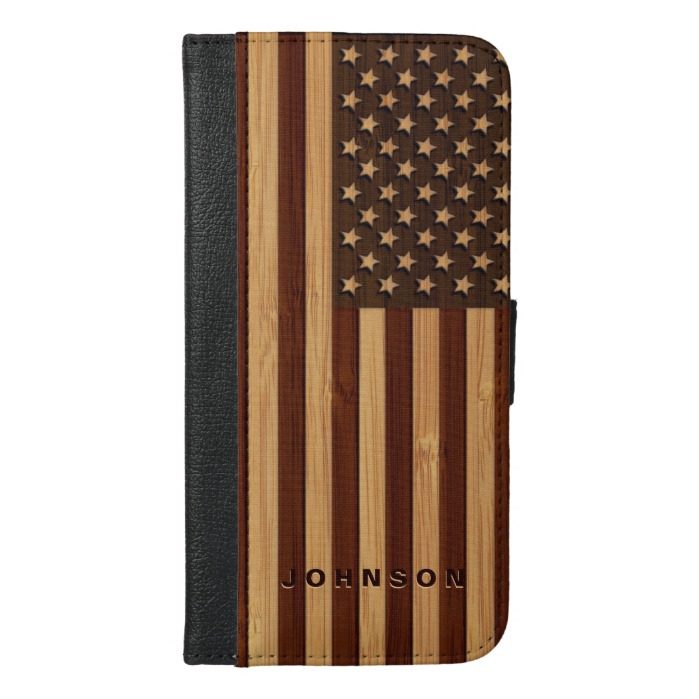 Bamboo Look & Engraved Vintage American USA Flag iPhone 6/6s Plus Wallet Case