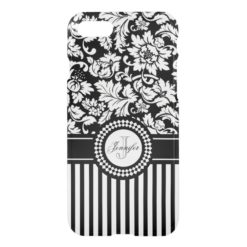 Black And White Floral Damask & Stripes-Monogram iPhone 7 Case