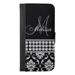 Black Damask Printed Diamonds Personalized iPhone 6/6s Plus Wallet Case