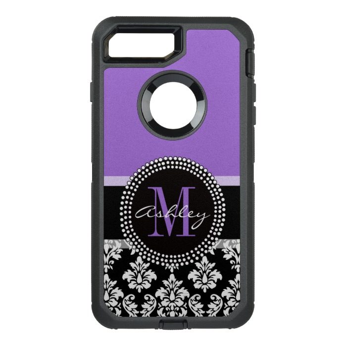 Black Damask Purple Monogram Pattern OtterBox Defender iPhone 7 Plus Case