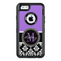 Black Damask Purple Monogram Pattern OtterBox Defender iPhone Case