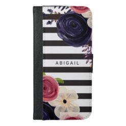 Black Flowers White Striped Personalized iPhone 6/6s Plus Wallet Case