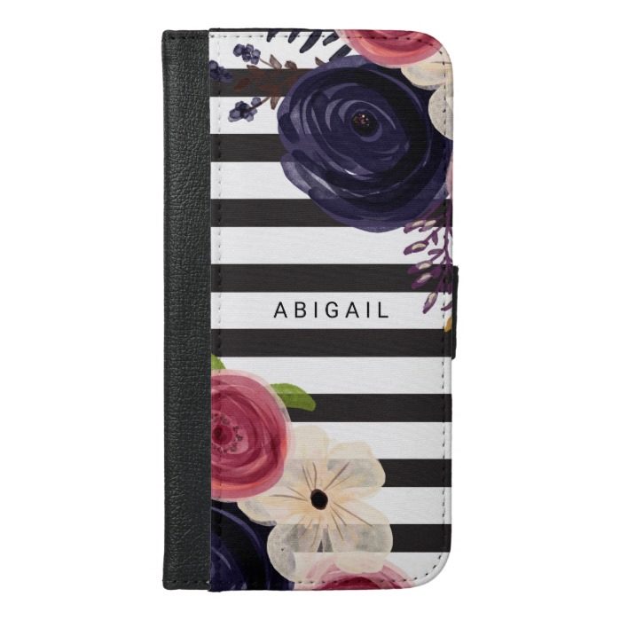 Black Flowers White Striped Personalized iPhone 6/6s Plus Wallet Case