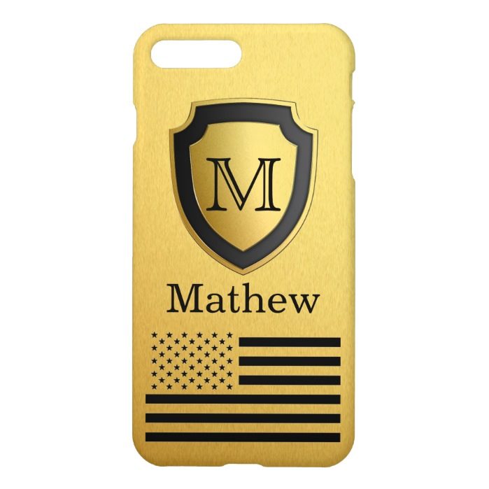Black Gold Shield USA Flag Monogram Name Manly iPhone 7 Plus Case