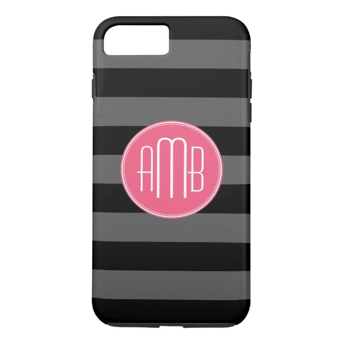 Black & Gray Rugby Stripes with Hot Pink Monogram iPhone 7 Plus Case