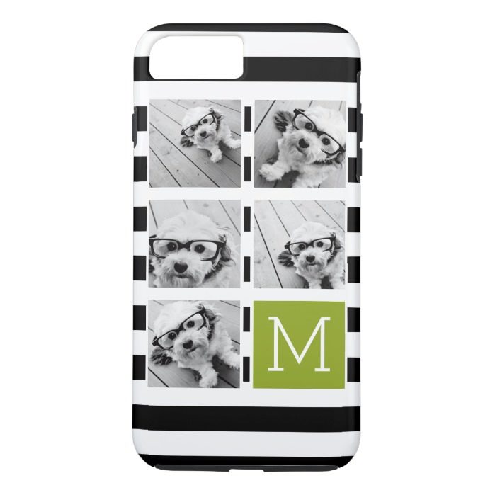 Black Lime Striped Photo Collage Custom Monogram iPhone 7 Plus Case