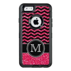 Black & Pink Glitter Chevron Monogrammed Defender OtterBox Defender iPhone Case