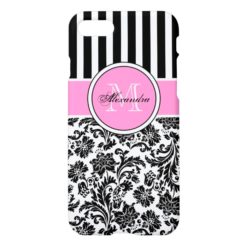 Black Pink & White Damask & Stripes Pattern iPhone 7 Case