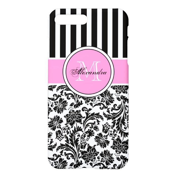 Black Pink & White Damask & Stripes Pattern iPhone 7 Plus Case