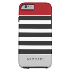 Black White Stripes Red Gray Monogram Name Tough iPhone 6 Case