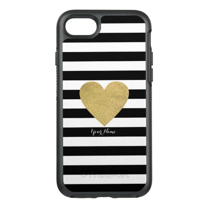 Black & White Stripes with Gold Foil Heart OtterBox Symmetry iPhone 7 Case
