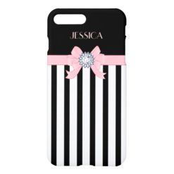 Black & White Vertical Stripes With Pink Ribbon iPhone 7 Plus Case