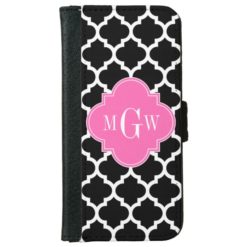 Black Wht Moroccan #5 Hot Pink 3 Initial Monogram Wallet Phone Case For iPhone 6/6s