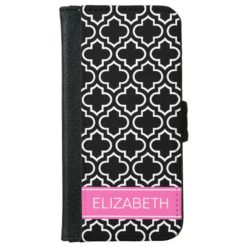 Black Wht Moroccan #6 Hot Pink Name Monogram Wallet Phone Case For iPhone 6/6s